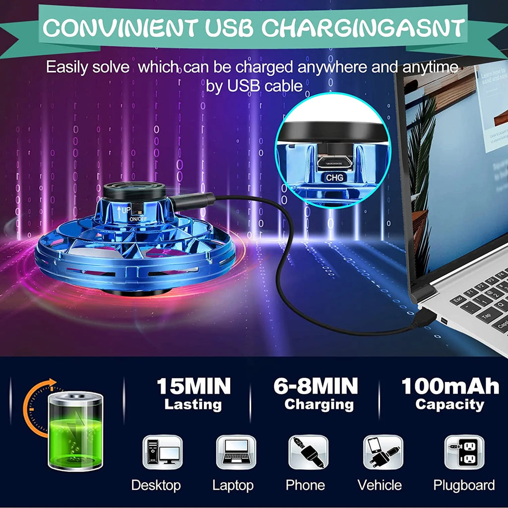 Flying Spinner Toy, Mini Flying Ball Toys,With 360 Fly Rotating UFO Fun Toy LED Light Flying Fidget Spinner Orb for Girls Boys Adult Indoor Outdoor,Blue