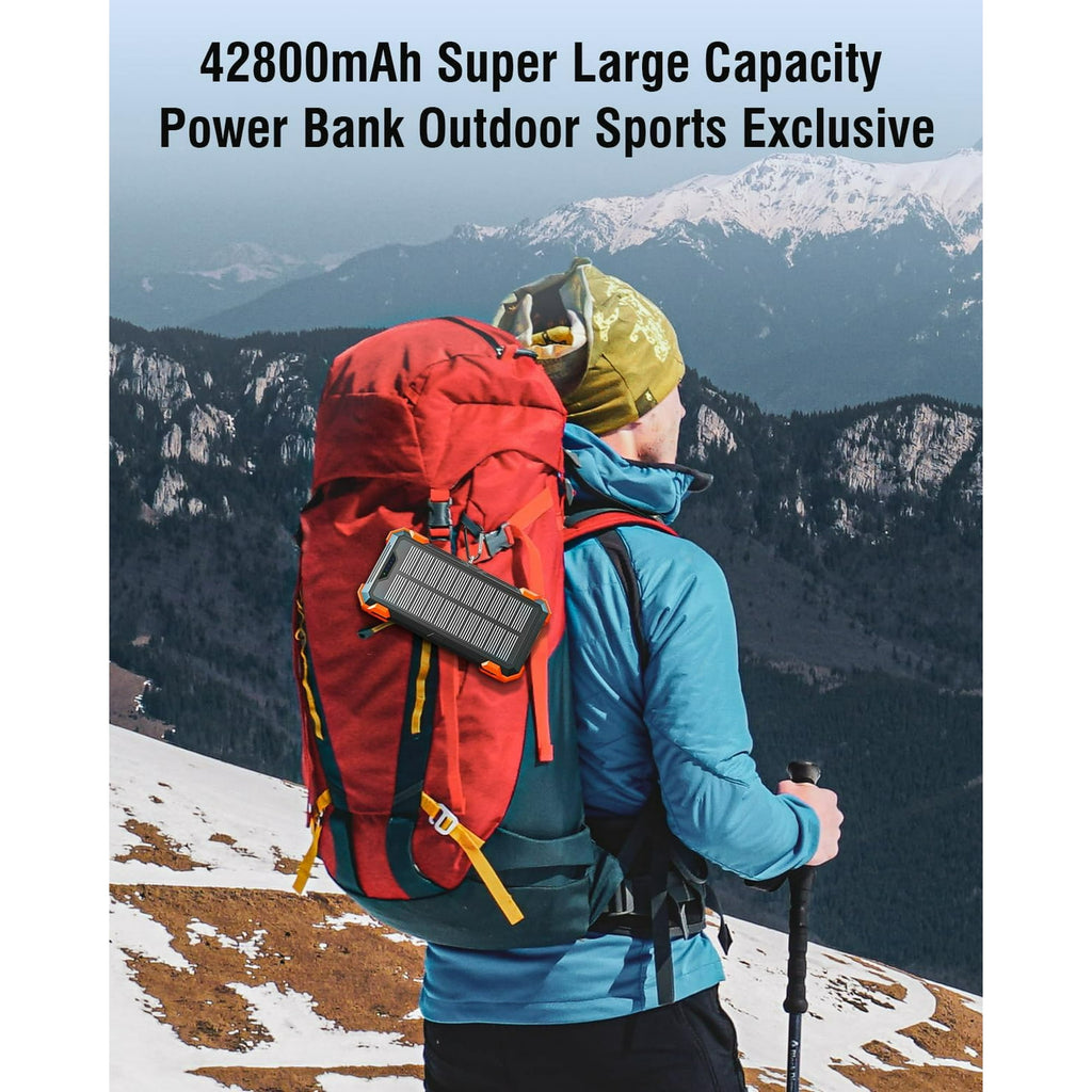 42800Mah Solar Charger Power Bank with 4 Cables, 15W Fast Charging Portable Charger for Cell Phone, Wireless Charger Solar Battery Pack with Dual Flashlights, Carabiner