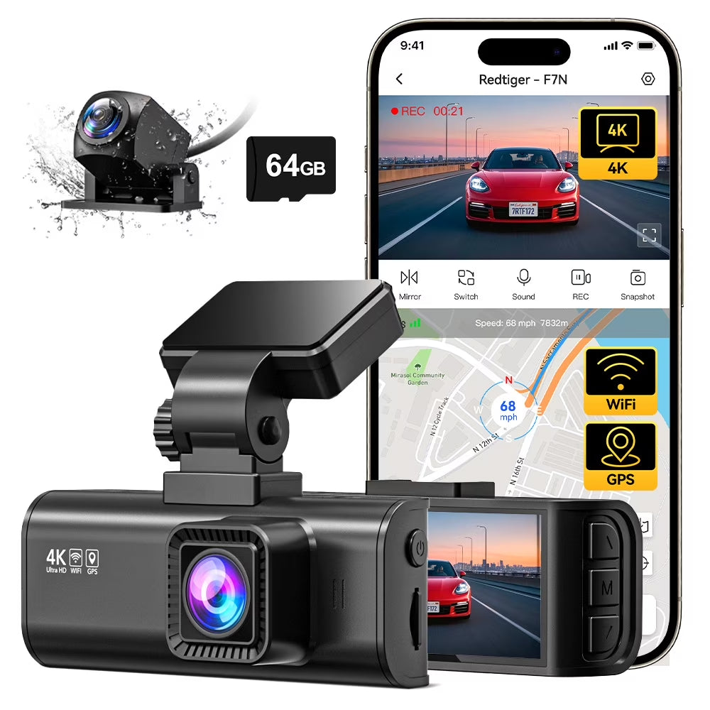 Dash Cam Front and Rear, Dash Cam 4K with Wifi & GPS, 4K/2.5K Front+1080P Rear Dashcam, Dash Camera with Night Vision, 3.18'' LCD Screen, Loop Recording, Black