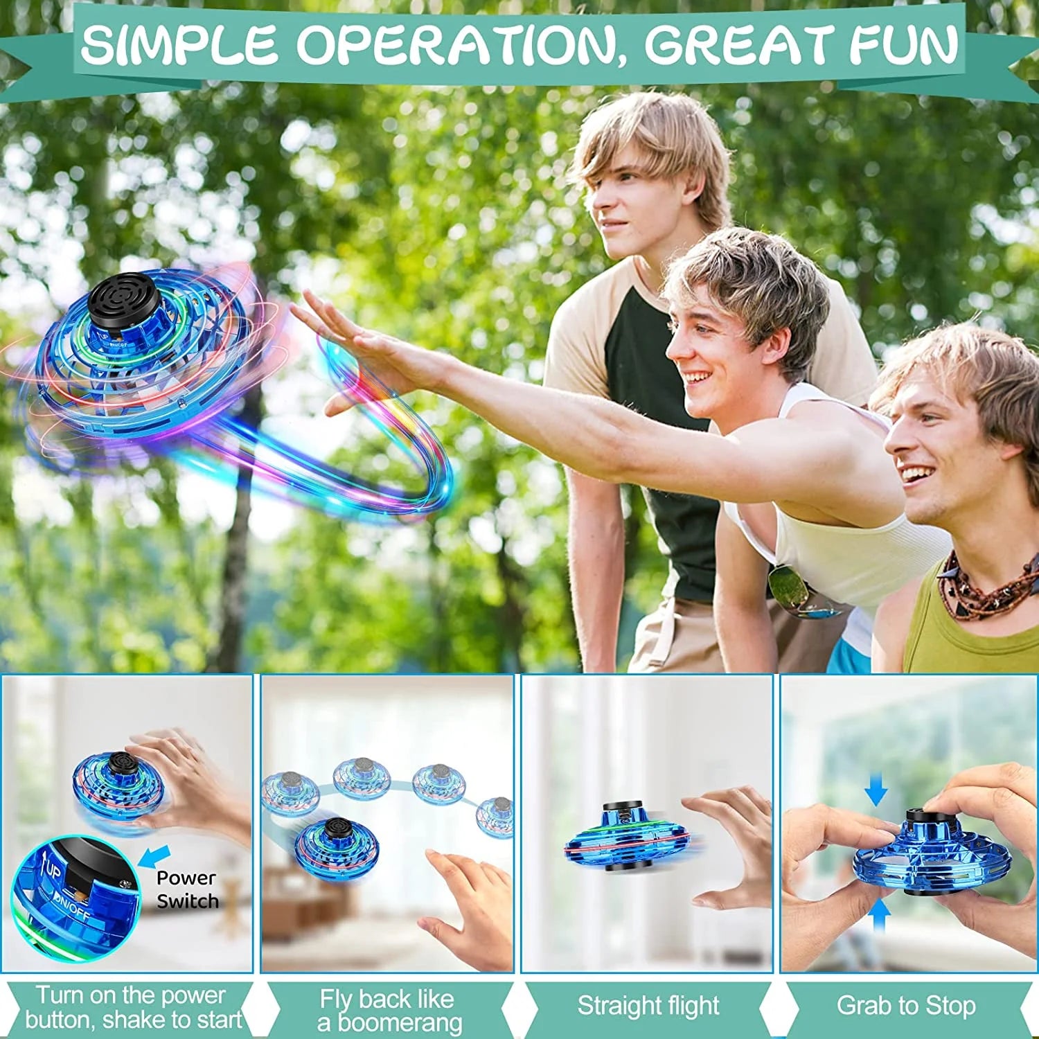 Flying Spinner Toy, Mini Flying Ball Toys,With 360 Fly Rotating UFO Fun Toy LED Light Flying Fidget Spinner Orb for Girls Boys Adult Indoor Outdoor,Blue